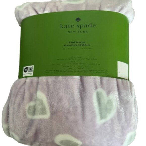 NWT Kate Spade Twin Purple Plush Blanket with Gray and White Hearts 68" X 90" - Picture 2 of 5